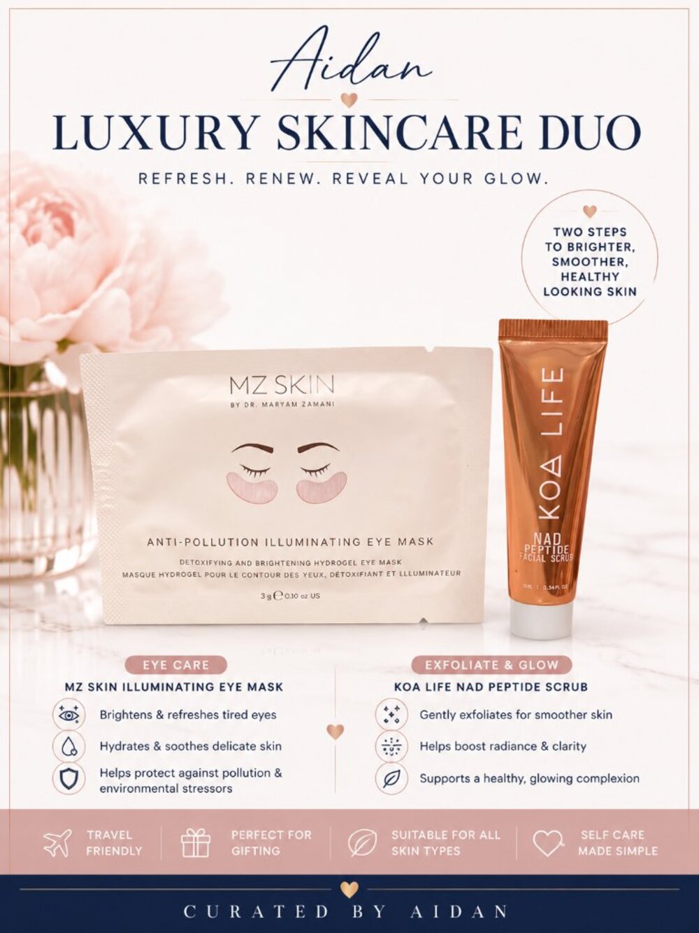 MZ Skin Illuminating Eye Mask + KOA LIFE NAD Peptide Facial Scrub Beauty Bundle